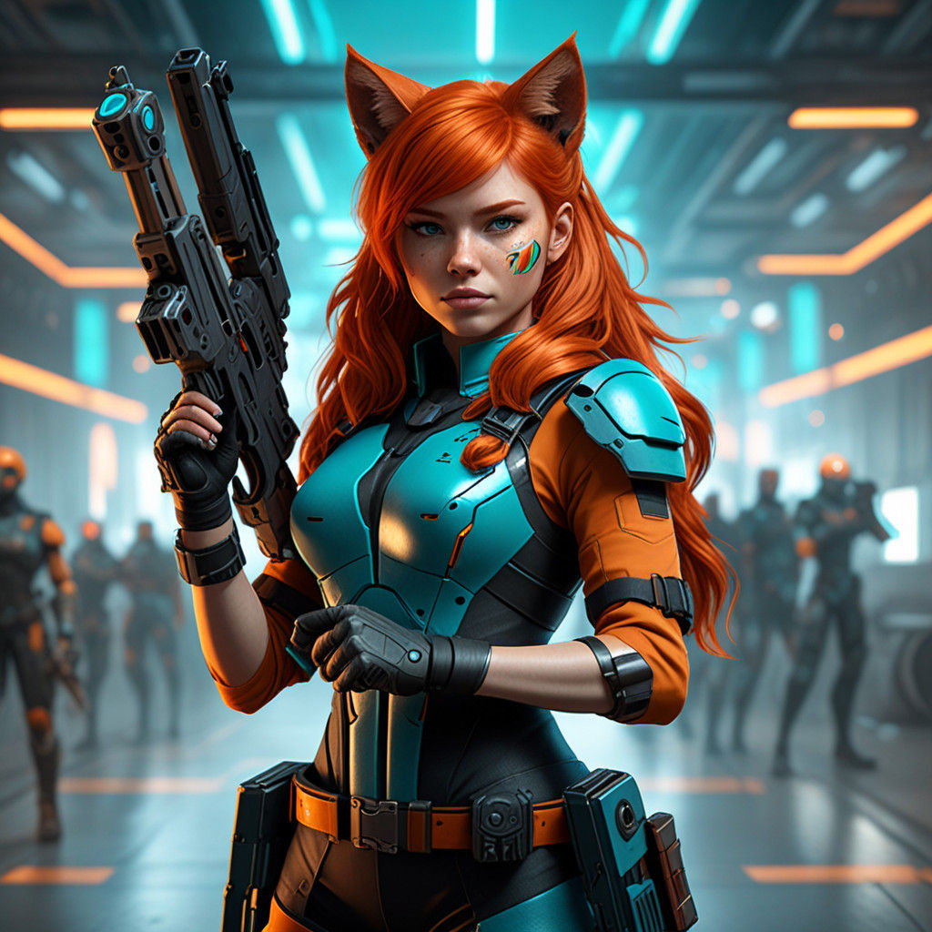 Sci-Fi Warrior Redhead with Orange Cat Ears