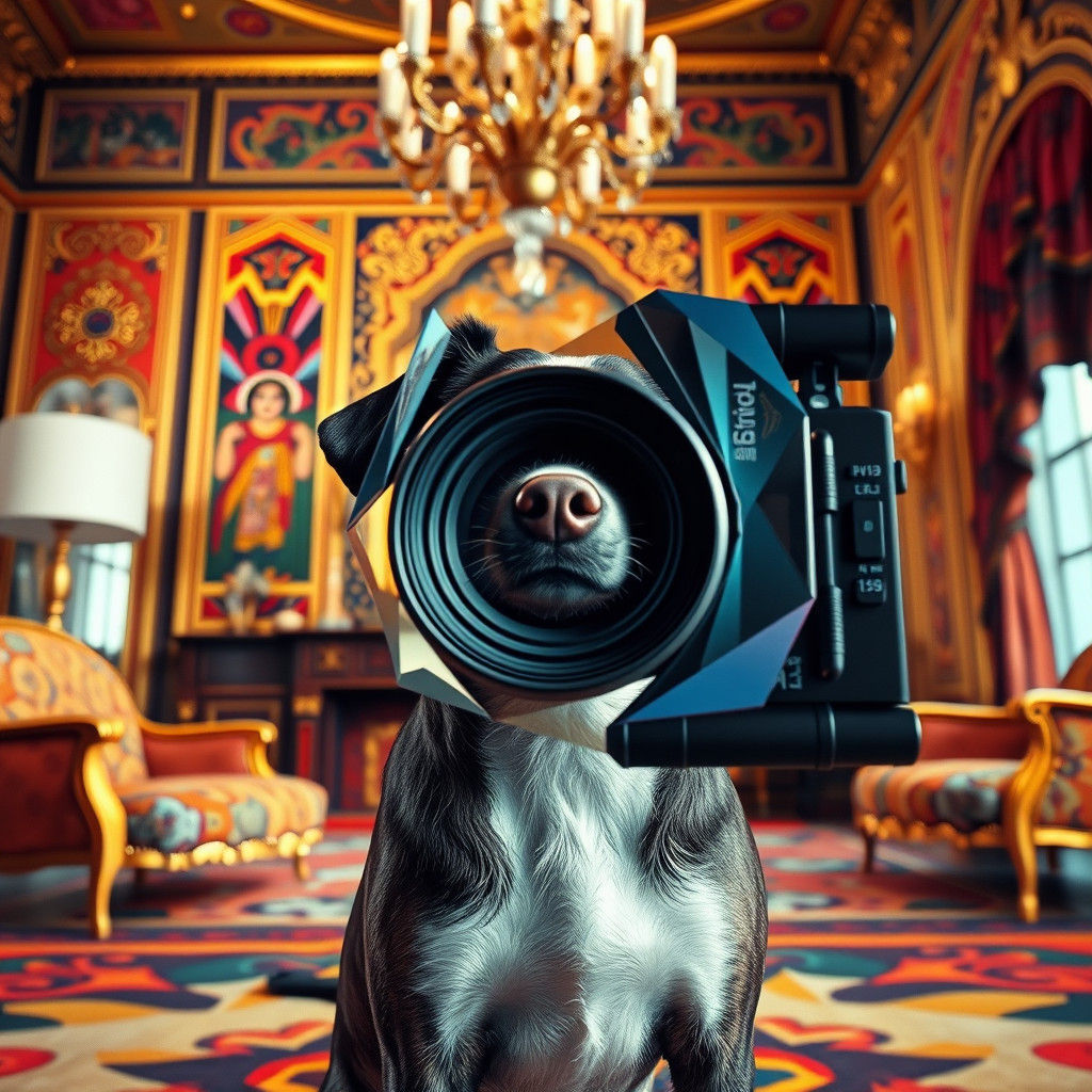 Dog Poses in Ornate Room, Cubist Camera View