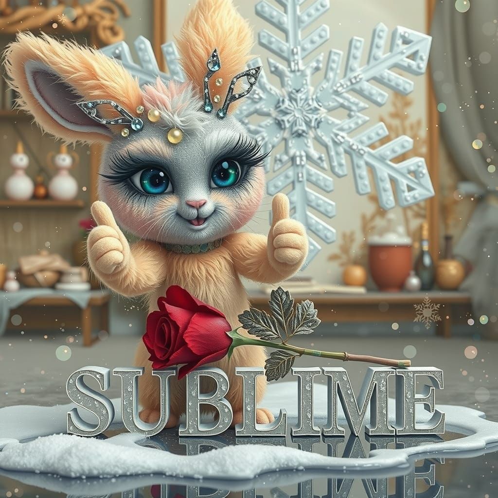 a cute, fluffy rabbit, with large expressive blue eyes, happ...