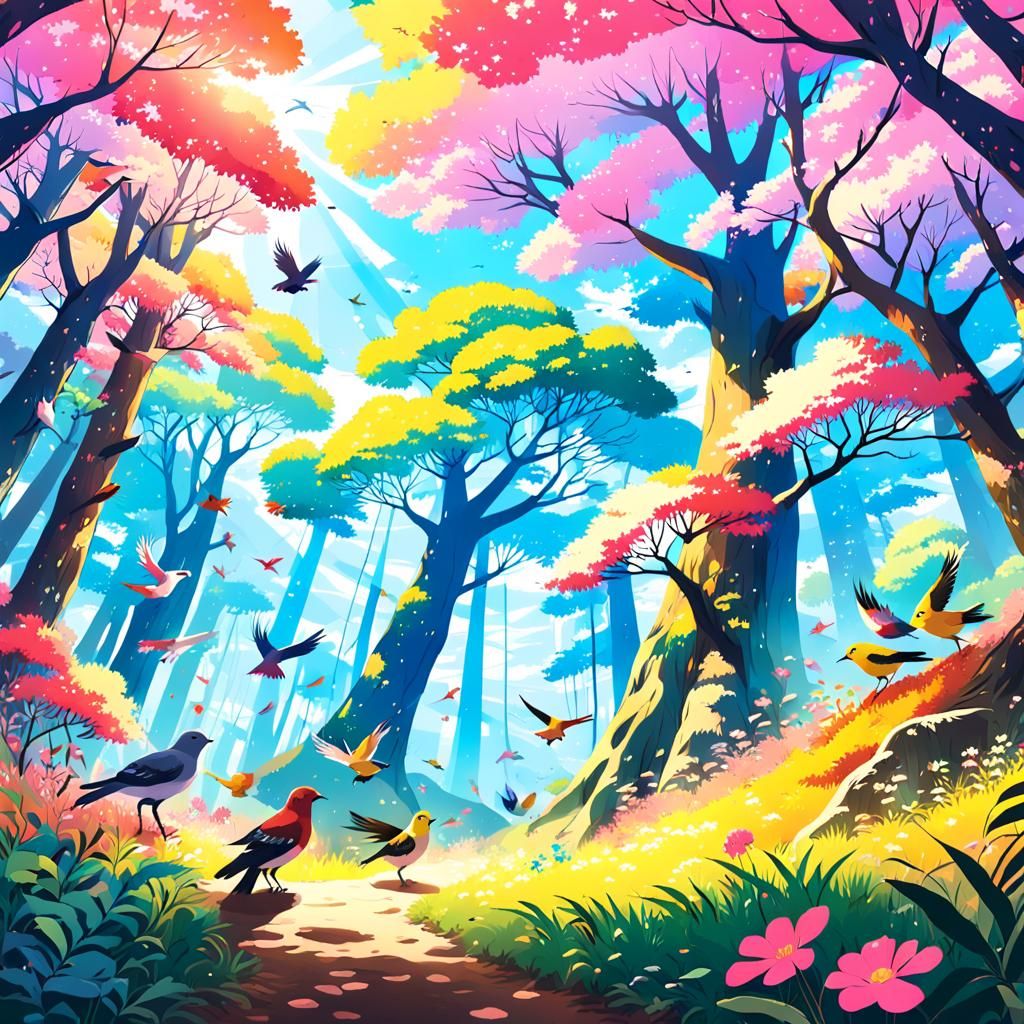Animals Play in Colorful Forest: Anime Key Visual