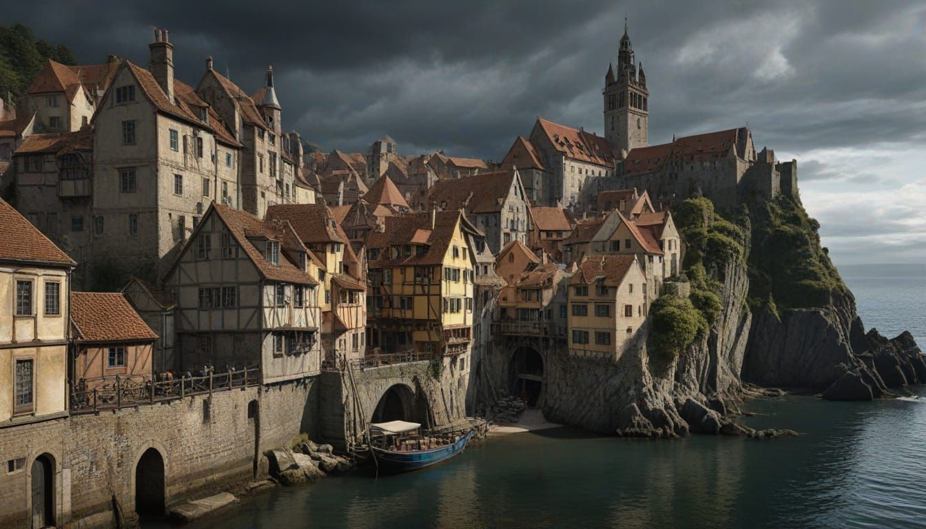Medieval Coastal Townscape in Chiaroscuro Style