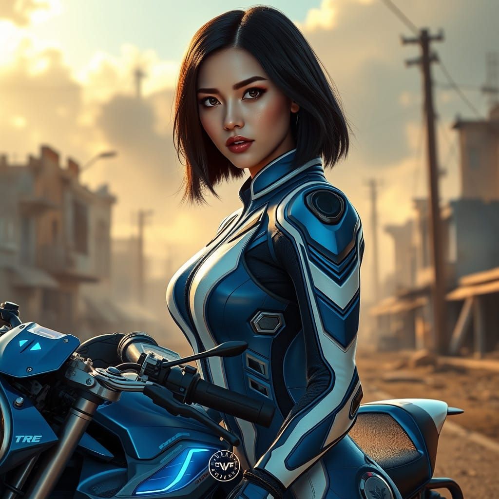 Woman in High-Tech Racing Suit Posing on Futuristic Motorcyc...