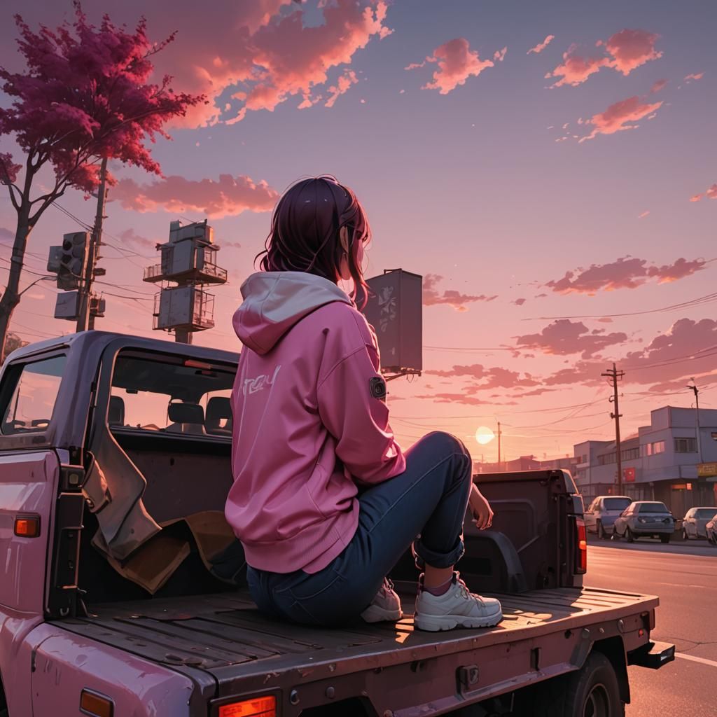 Anime Girl Watches Pink Sunset, Hyper-Realistic 3D Art