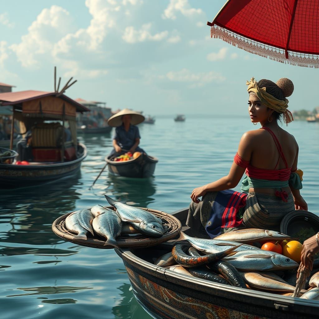 Hispanic Woman Selling Fish on River Boat