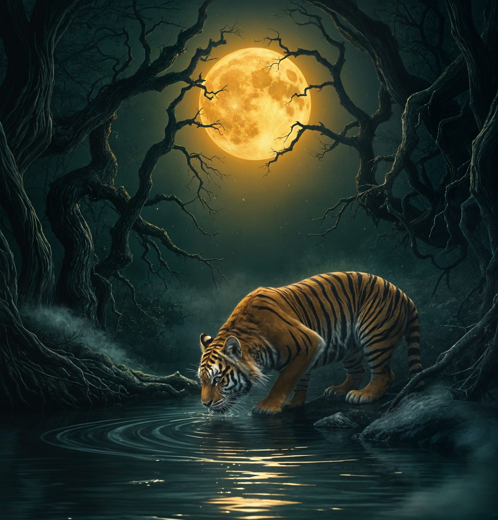 Majestic Tiger Drinks Under Moonlight: Nocturne Painting