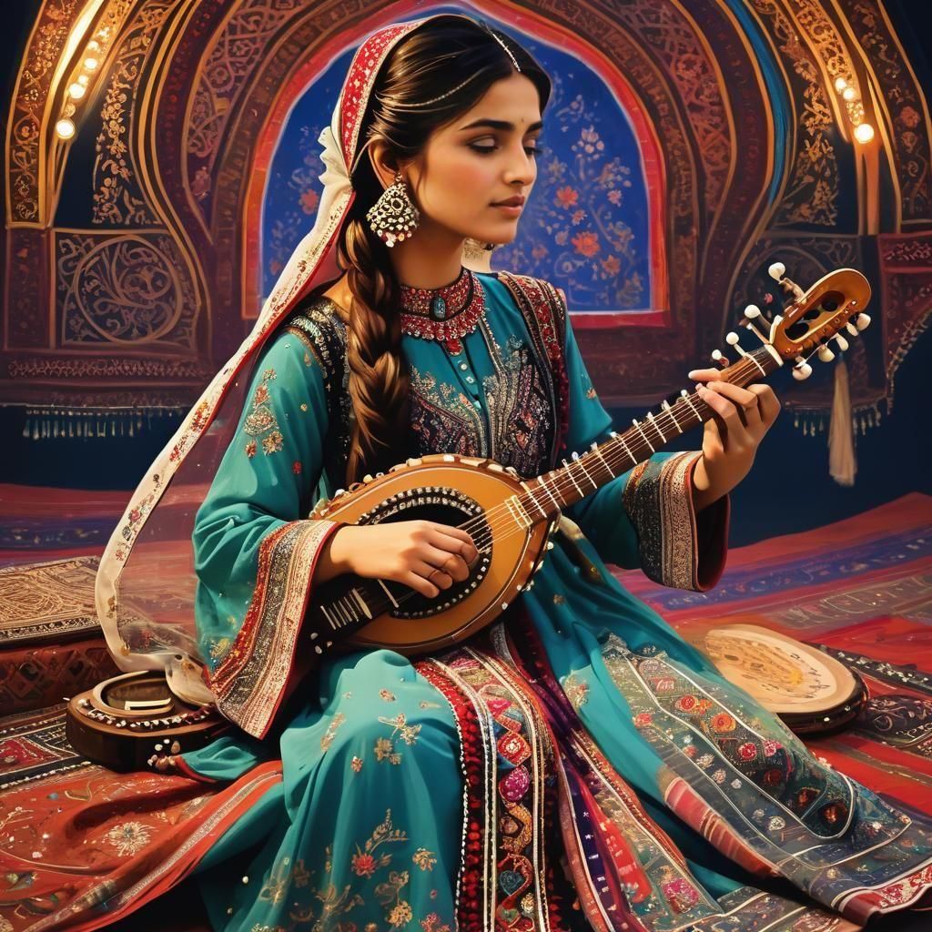 Pakistani Girl with Rabab at Pashto Art Concert