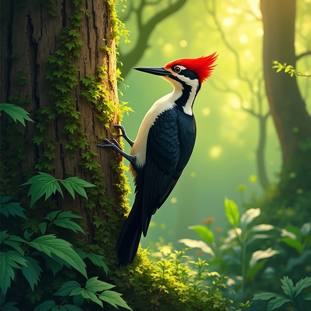 Vibrant Woodpecker in Sunlit Forest