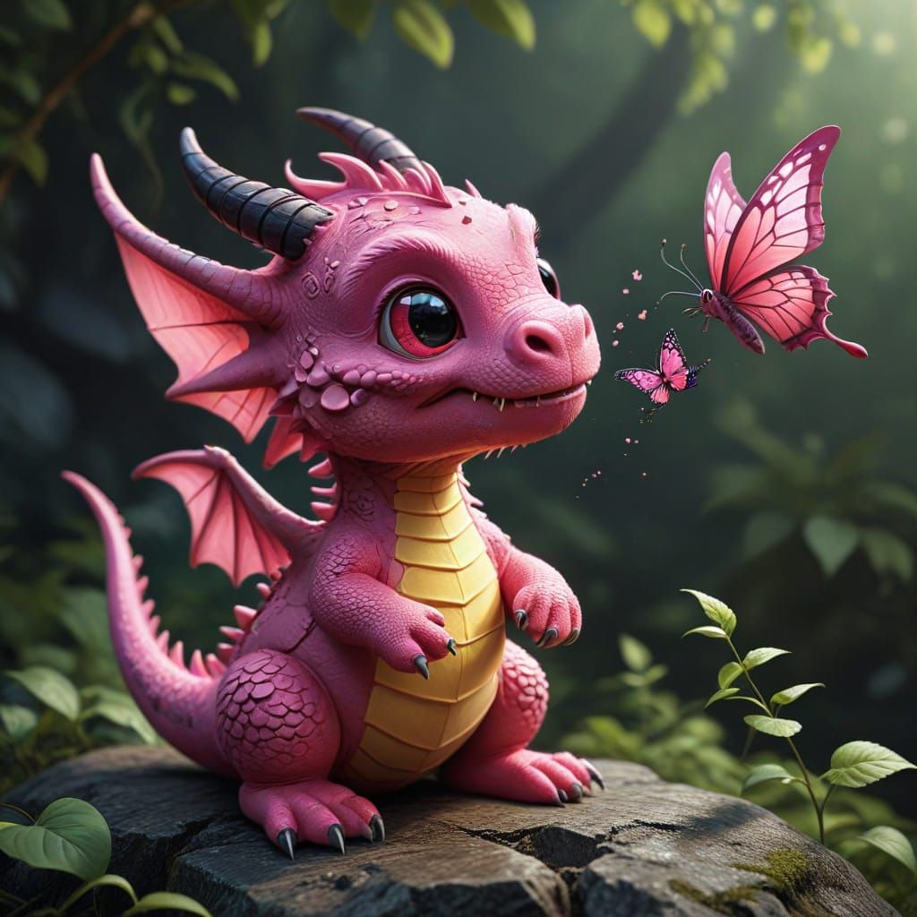 Cute Pink Dragon and Butterfly Digital Art