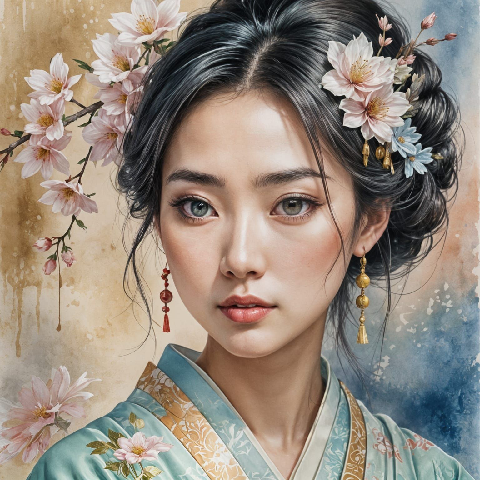 Intricate Portrait of a Young Japanese Beauty in Watercolor...