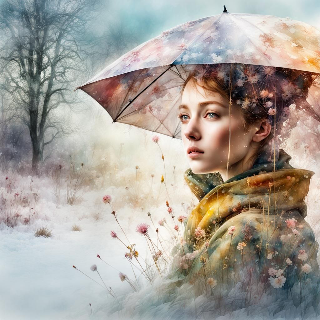 Watercolor Umbrella and Meadow Double Exposure