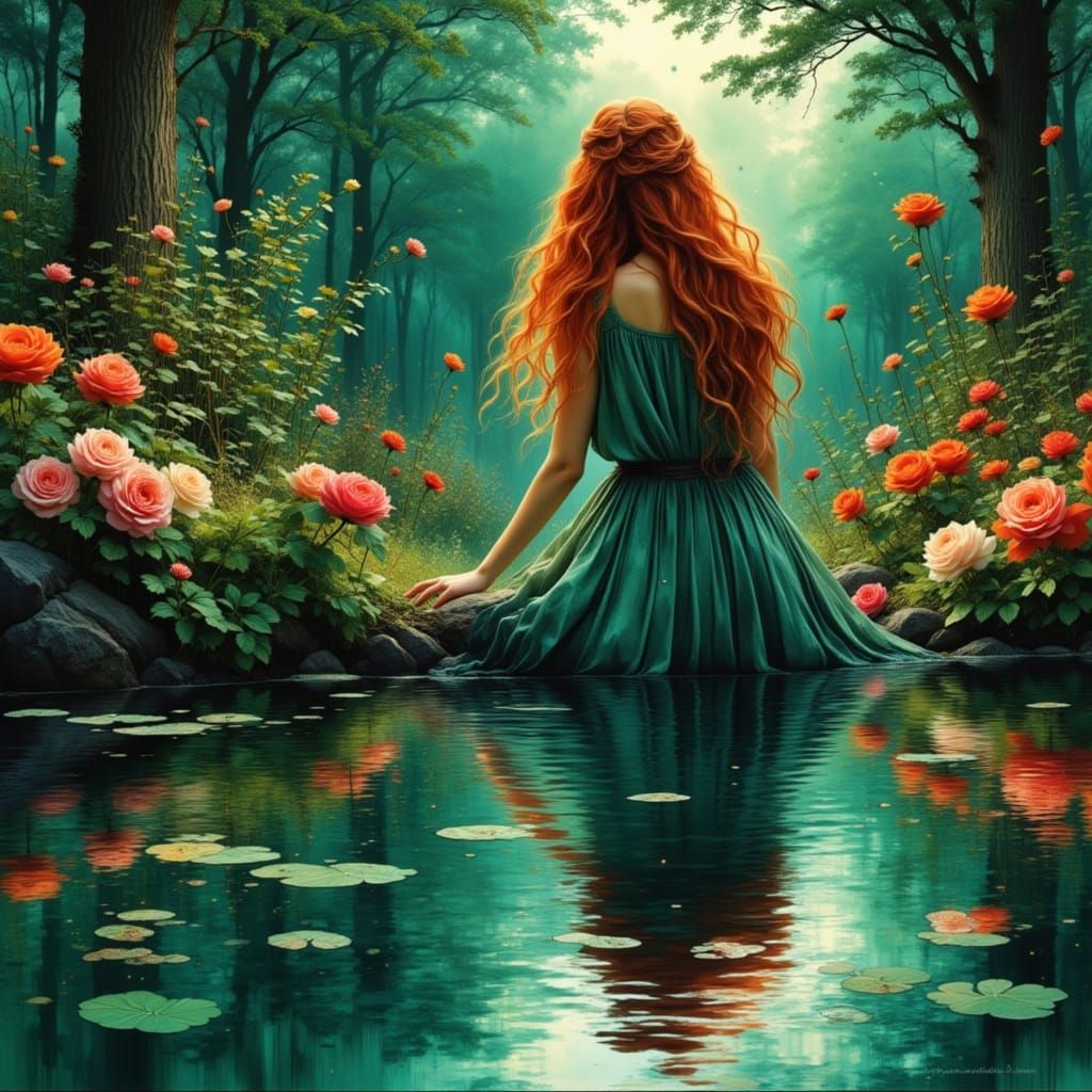 Red-Haired Woman Reflecting in Pond, Digital Painting