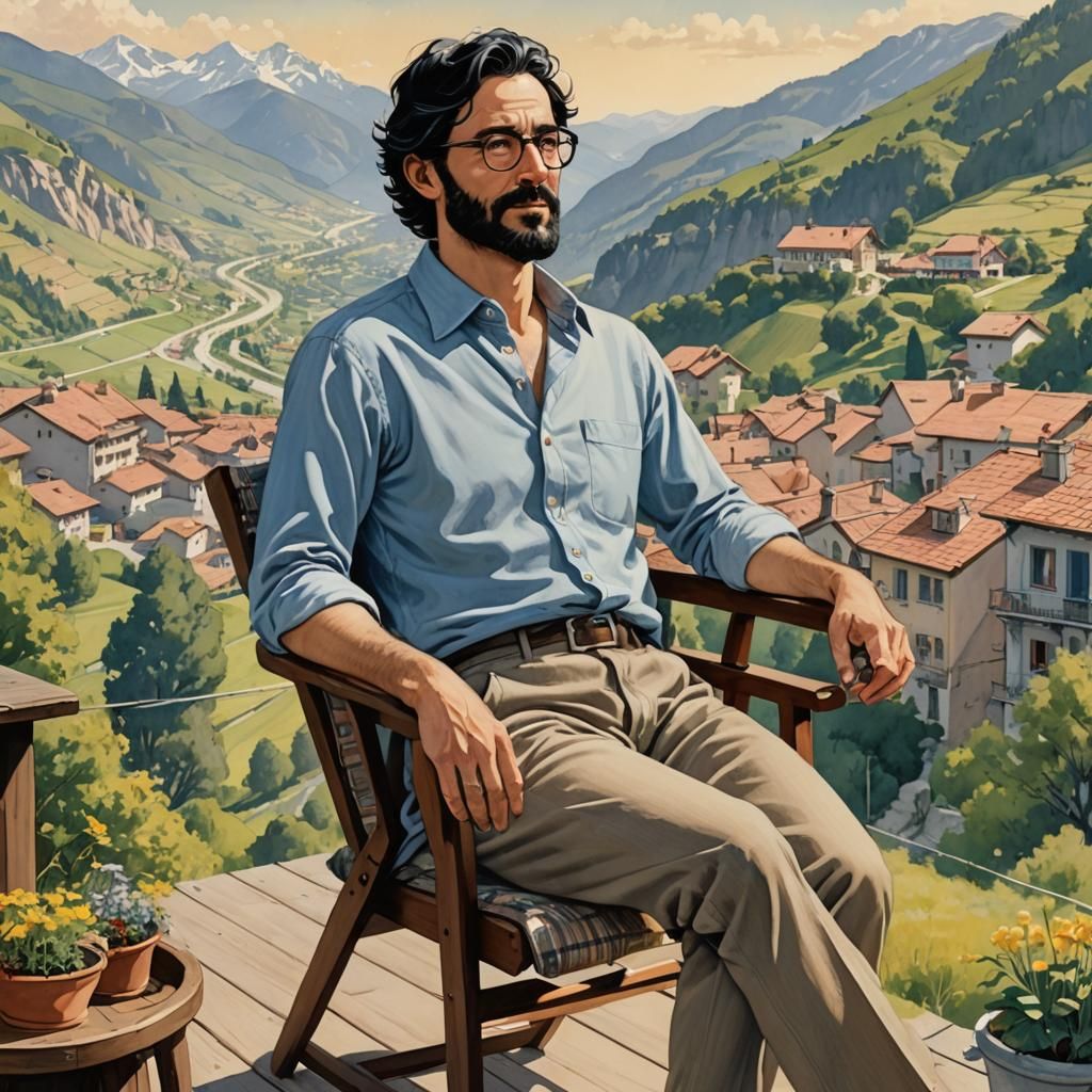 Man Relaxing on Terrace in Modern Fantasy Style