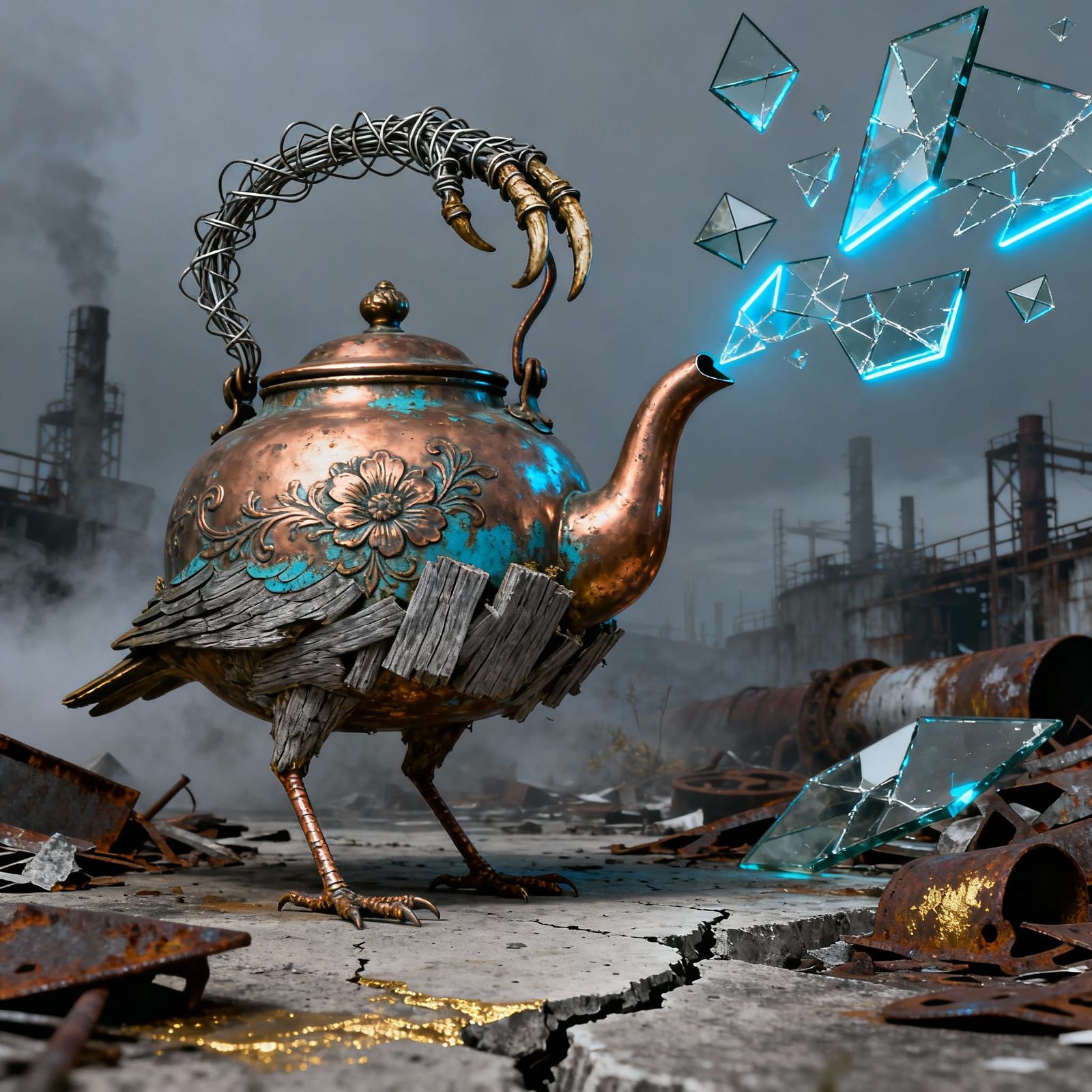 Surreal Dystopian Landscape with Ornate Teapots