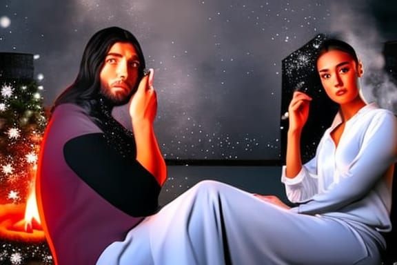 Couple Relaxing by Fireplace at Christmas, Realistic Detail