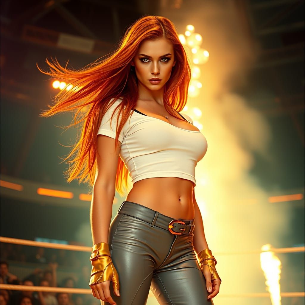 Defiant Wrestler in Neon-Lit Dystopian Arena