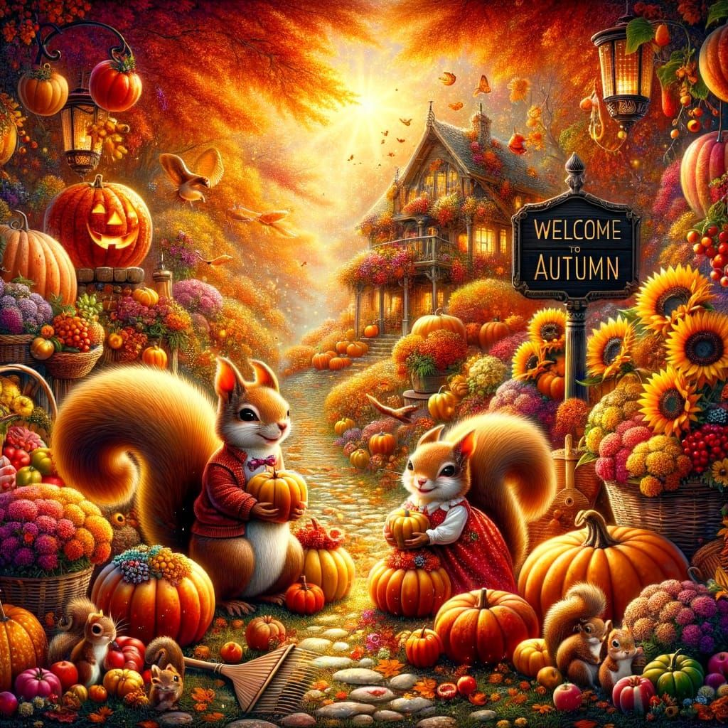 Enchanting Autumn Garden Scene with Whimsical Squirrels