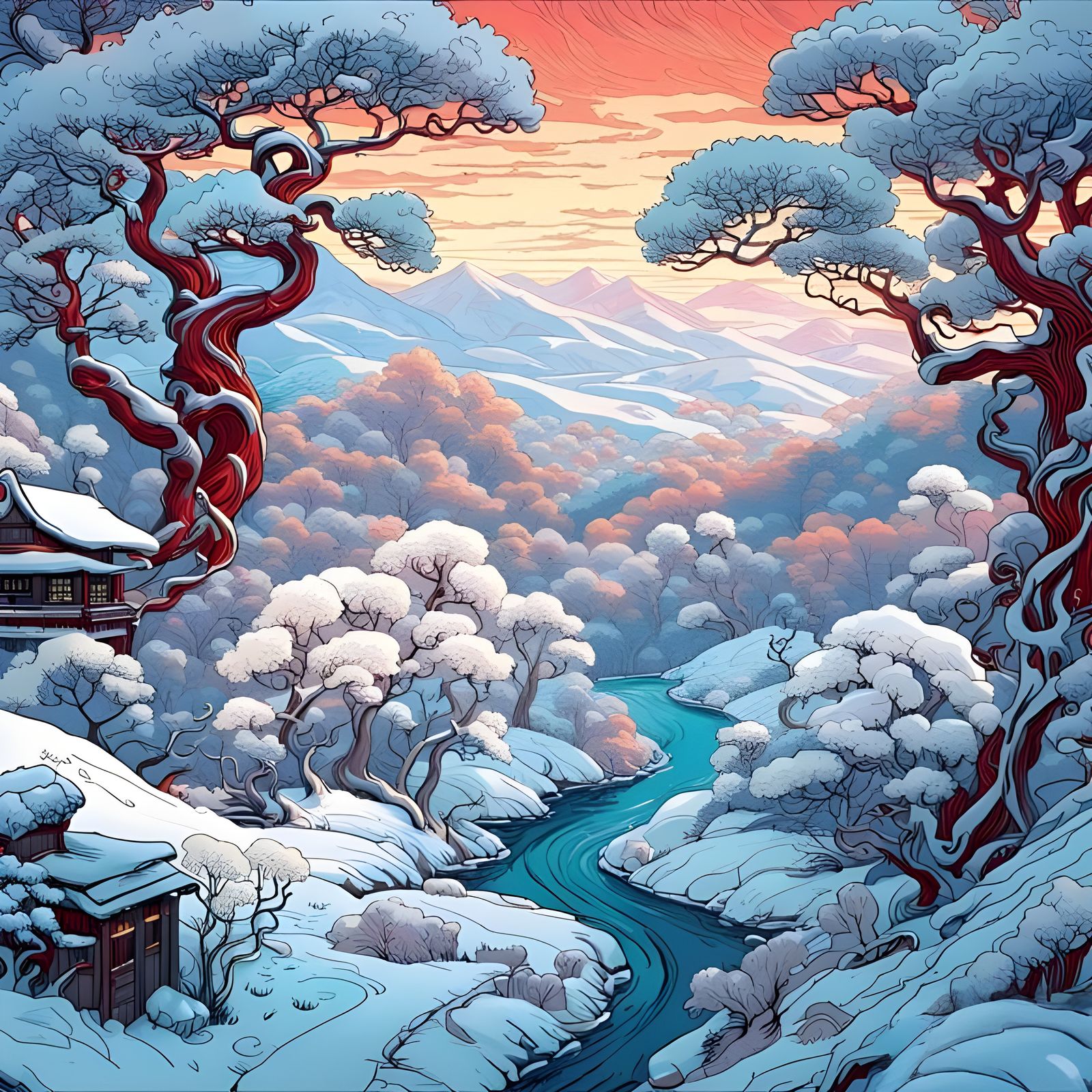 Whimsical Winter Landscape in Maximalist Style