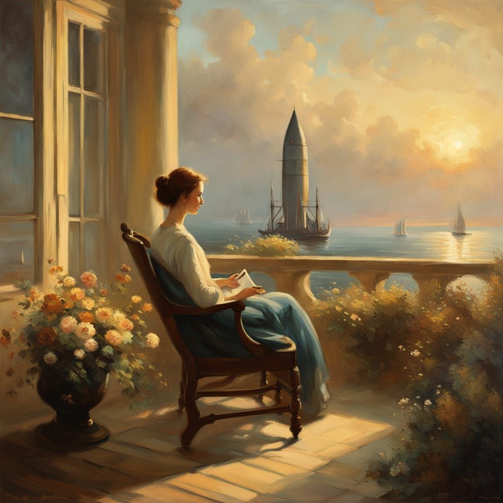 Woman Contemplates the Cosmos in a Serene Garden Scene