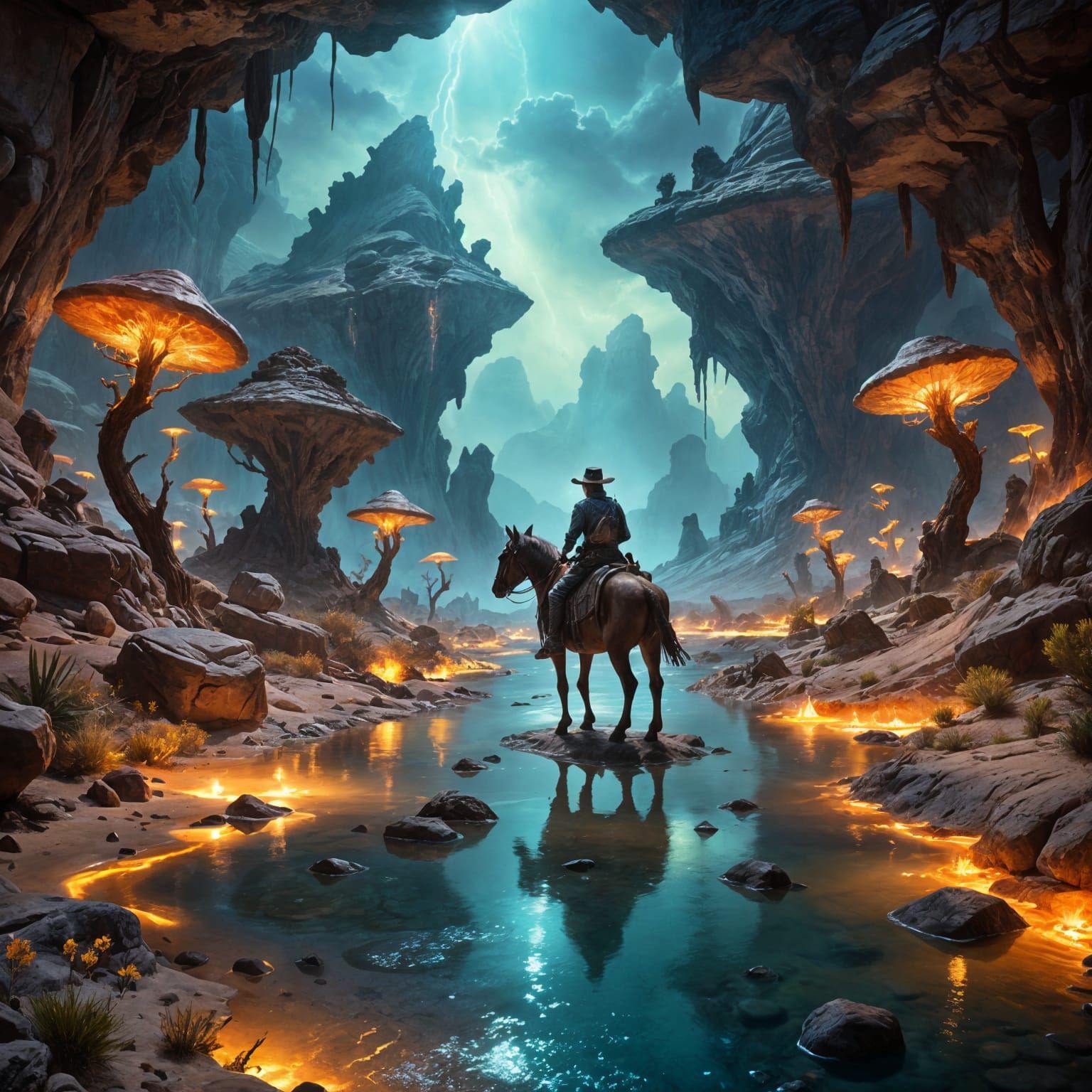 Cowboy in Alien Desert with Mythical Beasts