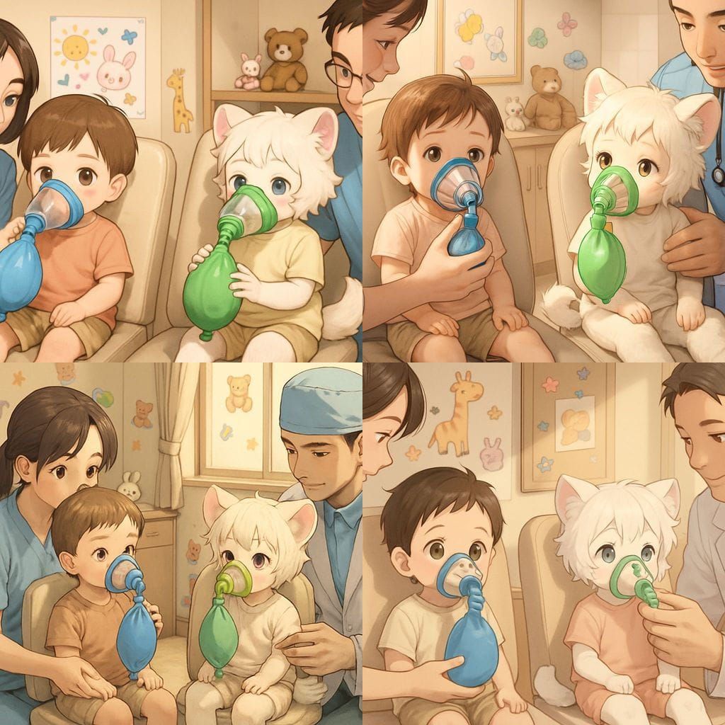 Anime-Style Toddlers Awaiting Sedation in Pediatric Clinic