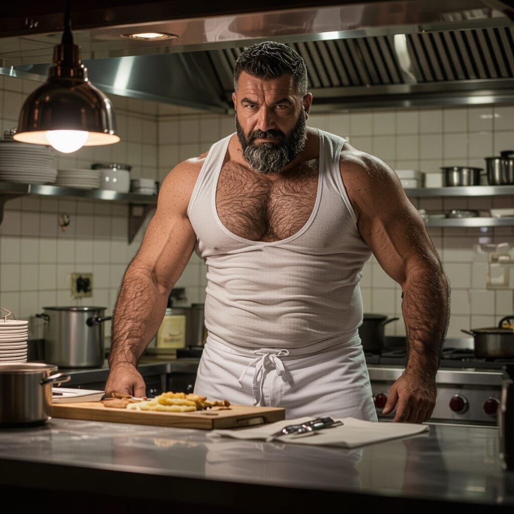 Hairy Turkish Chef in Restaurant Kitchen, Photorealistic