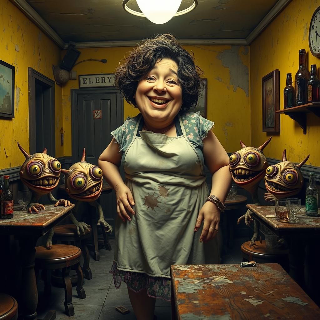 Grotesque Monsters and Kind Woman in Squalid Pub