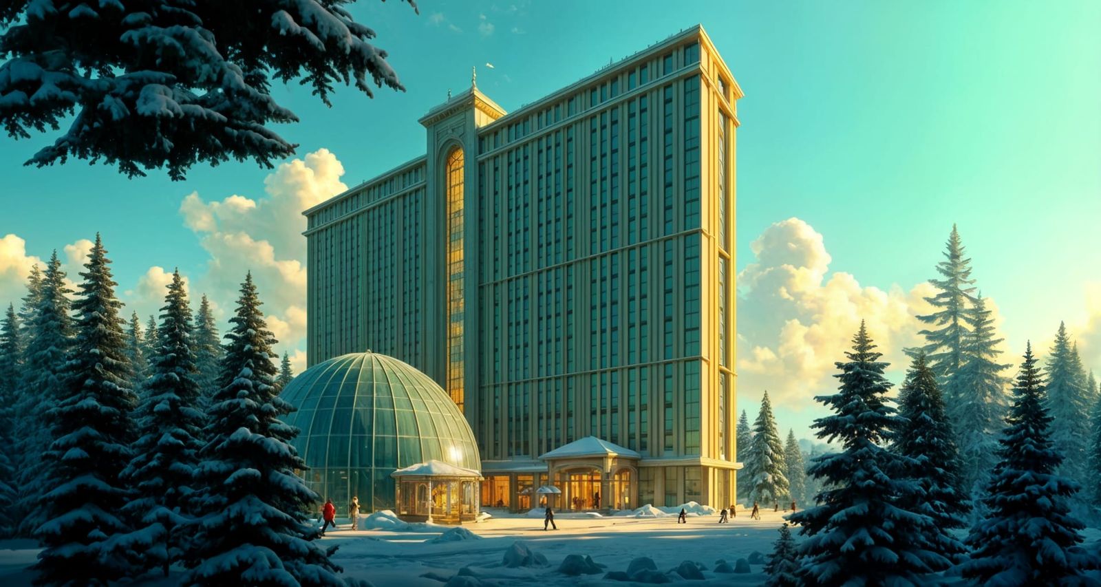 Silver and Ivory Mansion in Snowy Dawn Light - Anime Style