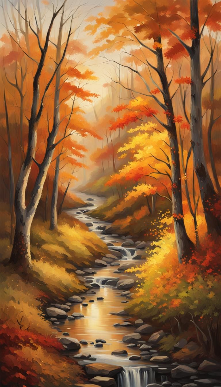 Autumnal Forest Path at Dusk: Oil Painting Landscape