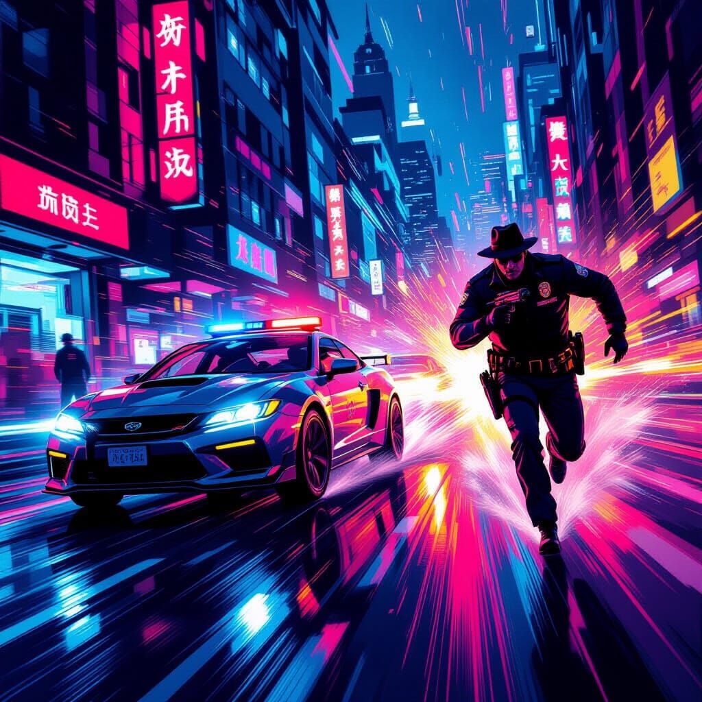 Intense Police Chase in Futuristic Neon Style