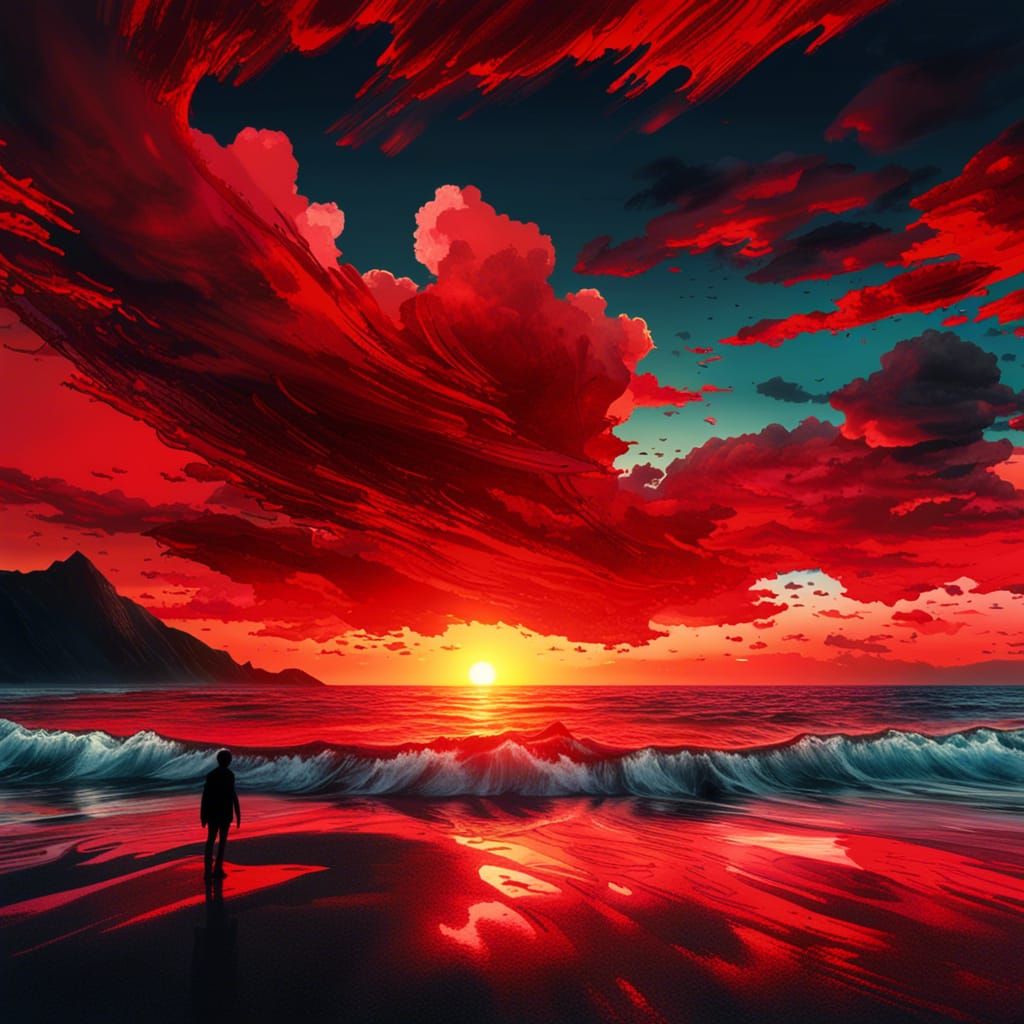 Surreal Beach Sunset with Red Glow in Digital Art