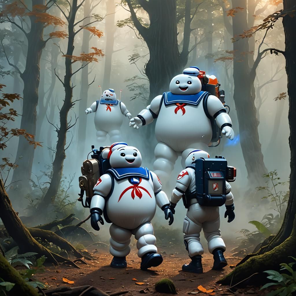 Ghostbusters and Stay Puft in Misty Forest