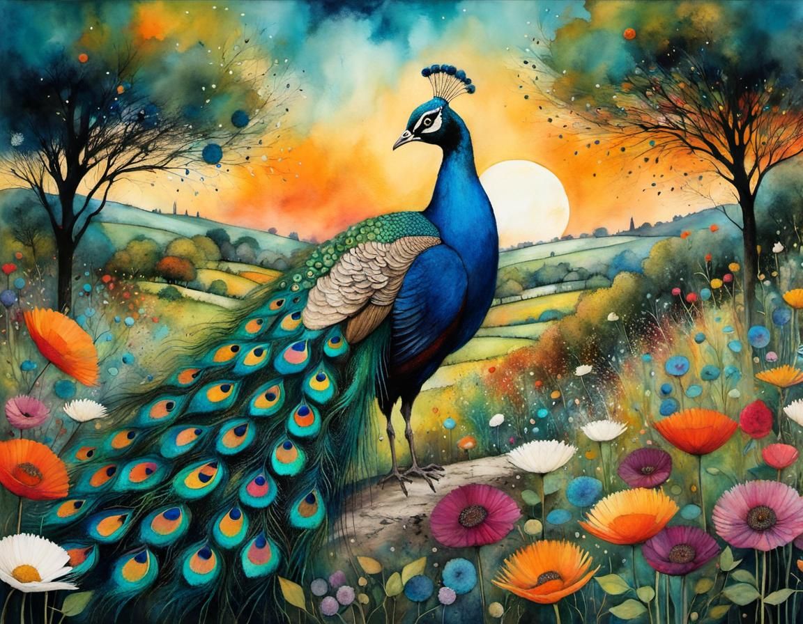 Enchanted Garden with Majestic Peacock