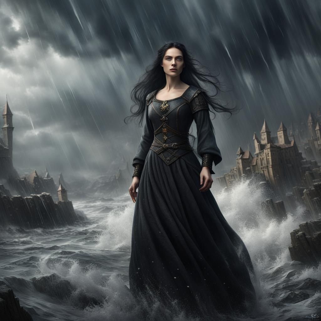 Medieval Woman in Raging Storm, Detailed Matte Painting