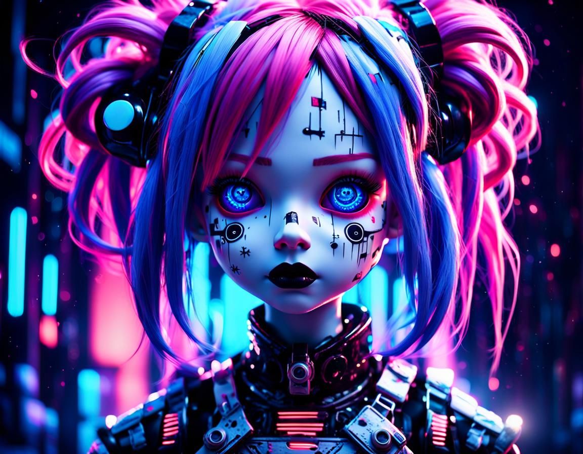 Cyberpunk Porcelain Doll with Neon Glow