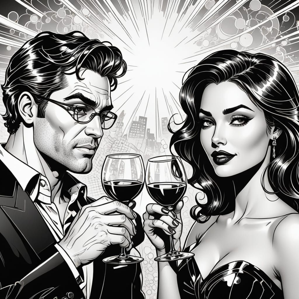 Couple Cheers in a Comic Book Style Illustration