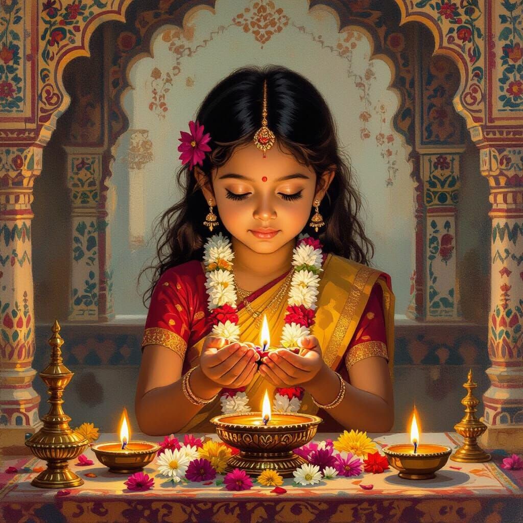 Girl Performing Puja in Home Temple, Indian Miniature Style