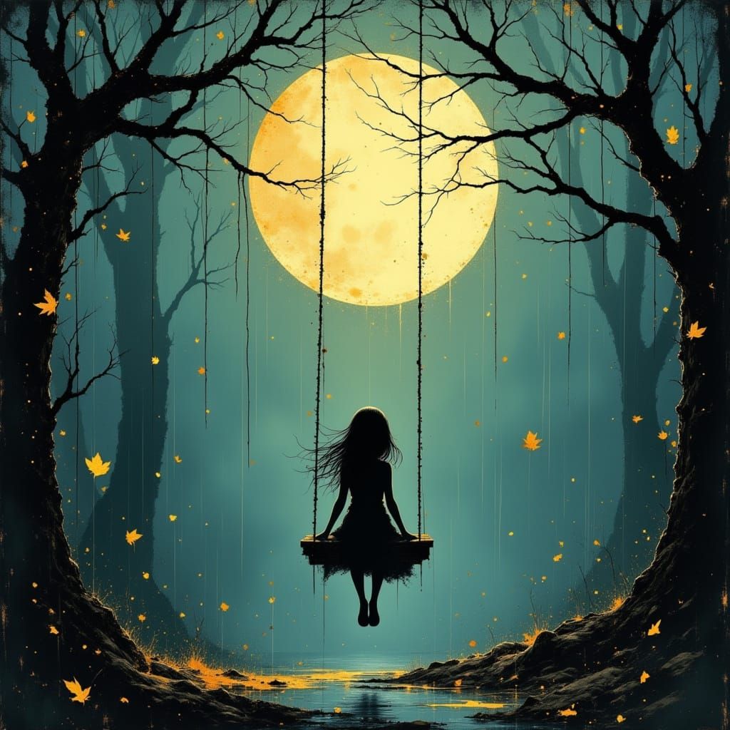 Ethereal Scene of Girl on Swing in Misty Autumn Forest
