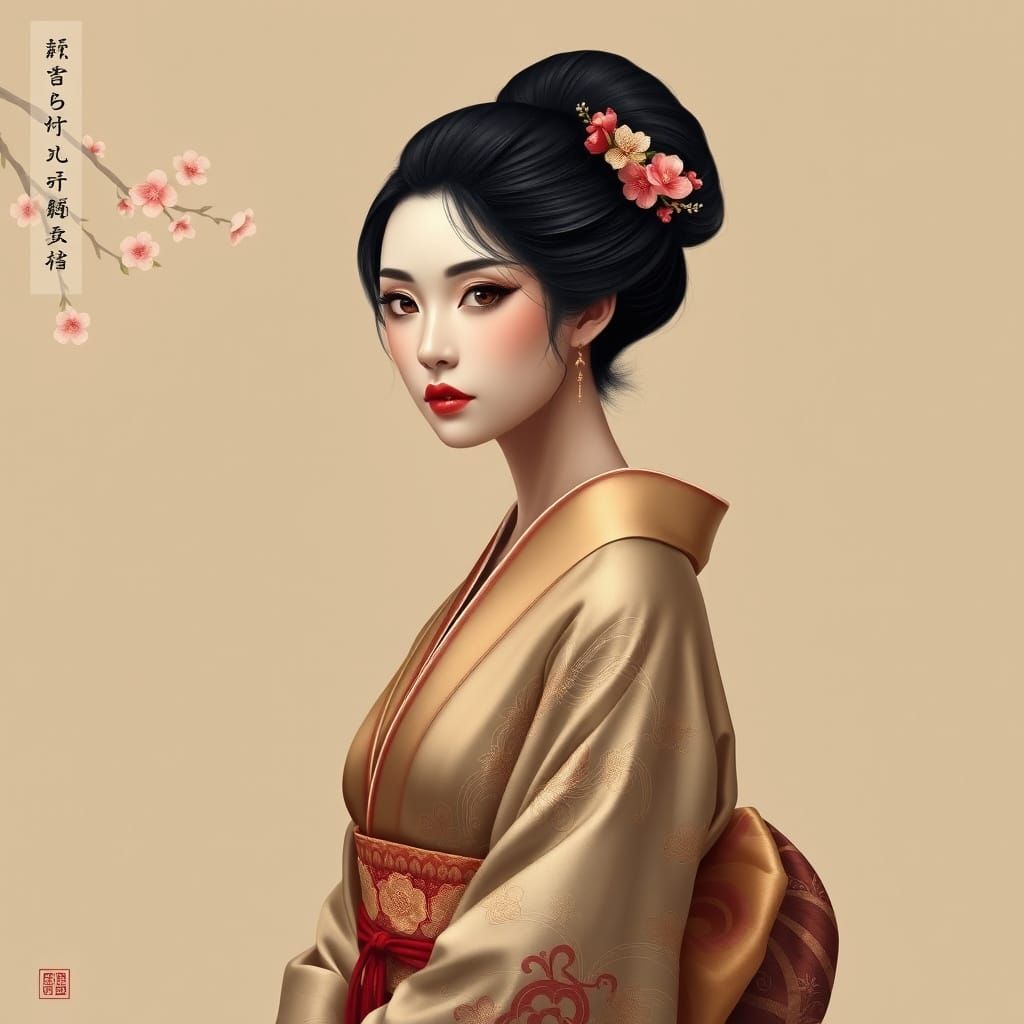 Elegant Asian Woman in Traditional Kimono, Inspired by Hokus...