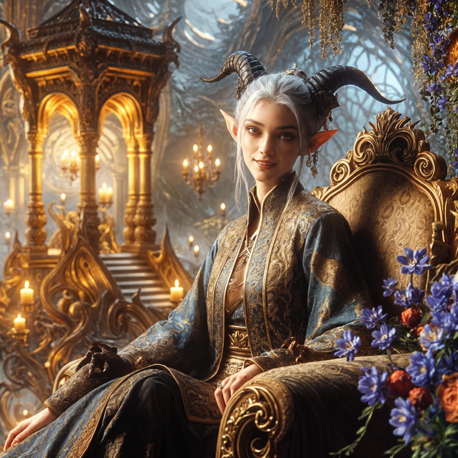 Demon-Elf Woman in Opulent Abode: Fantasy Art