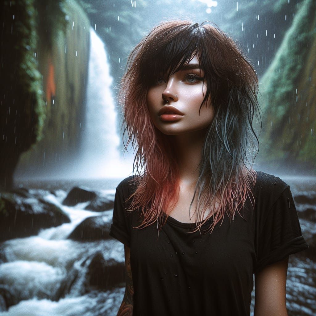 Elegant Emo Girl Under Waterfall