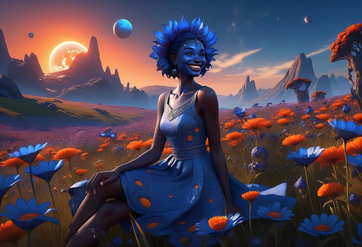 A portrait of a beautiful girl on a otherworldly meadow