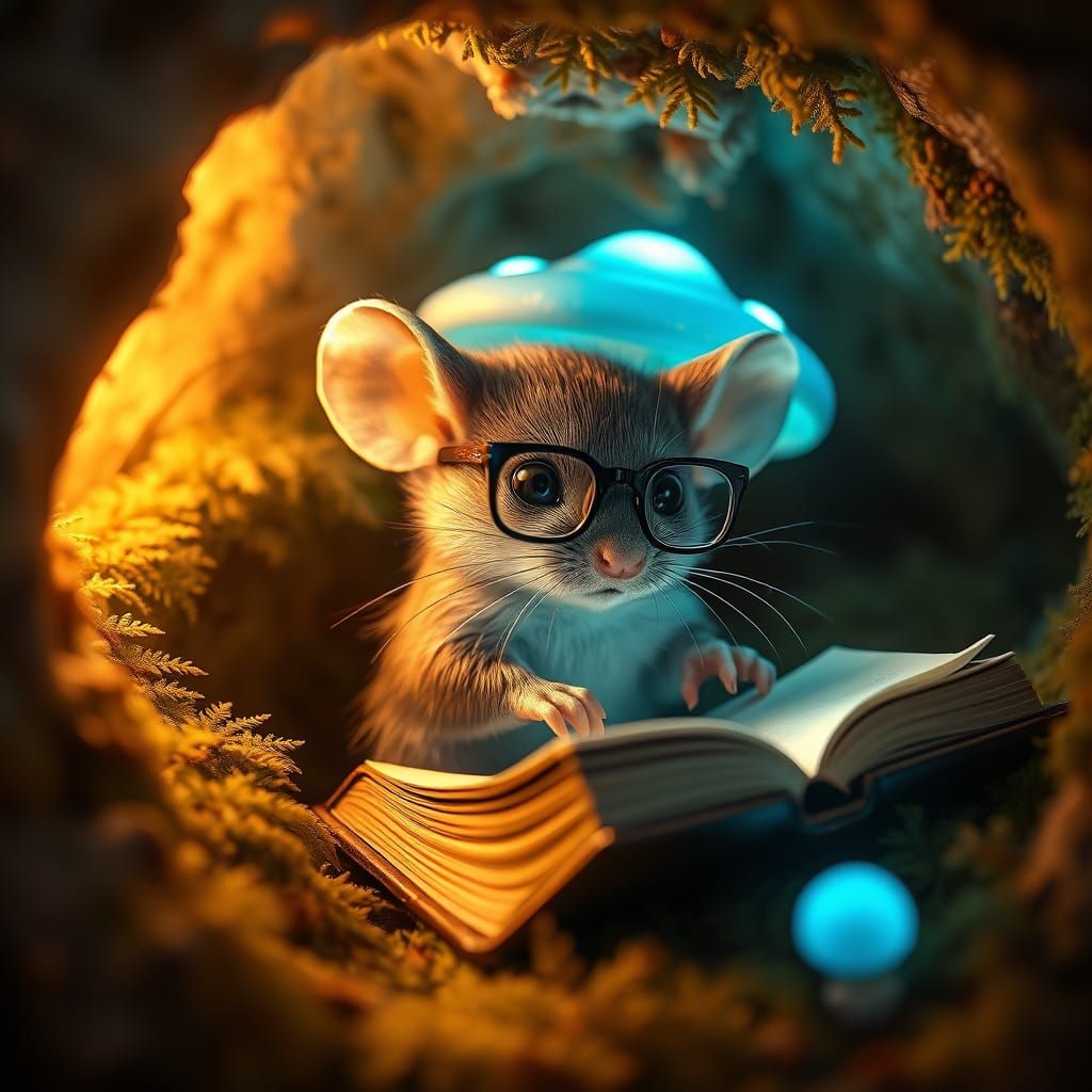 A little mouse reading a book by the light of a glowing mushroom