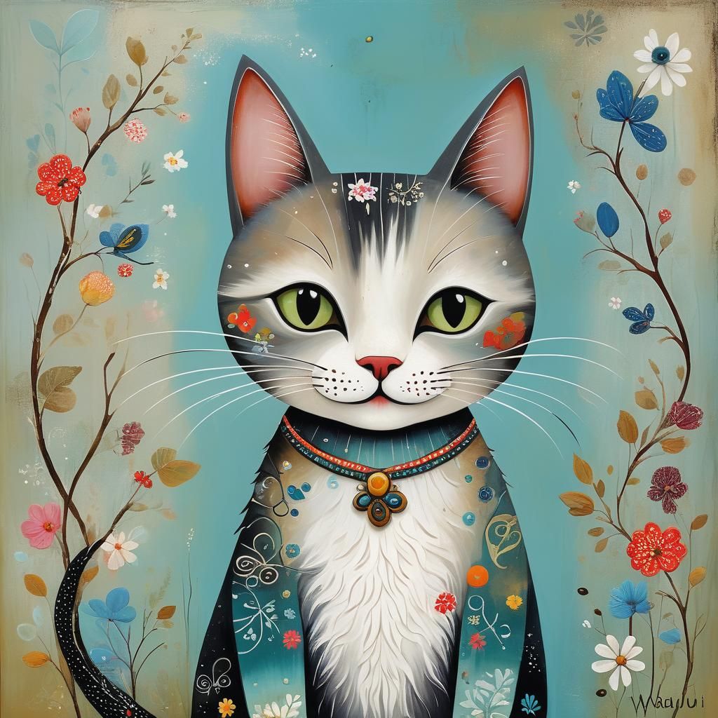 Whimsical Wabi-Sabi Cat Illustration