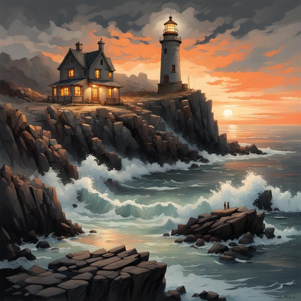 Lighthouse at Dusk: Expressive Charcoal Coastal Scene