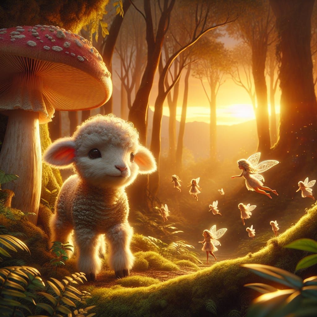 Lamb in Jungle Clearing with Fairies