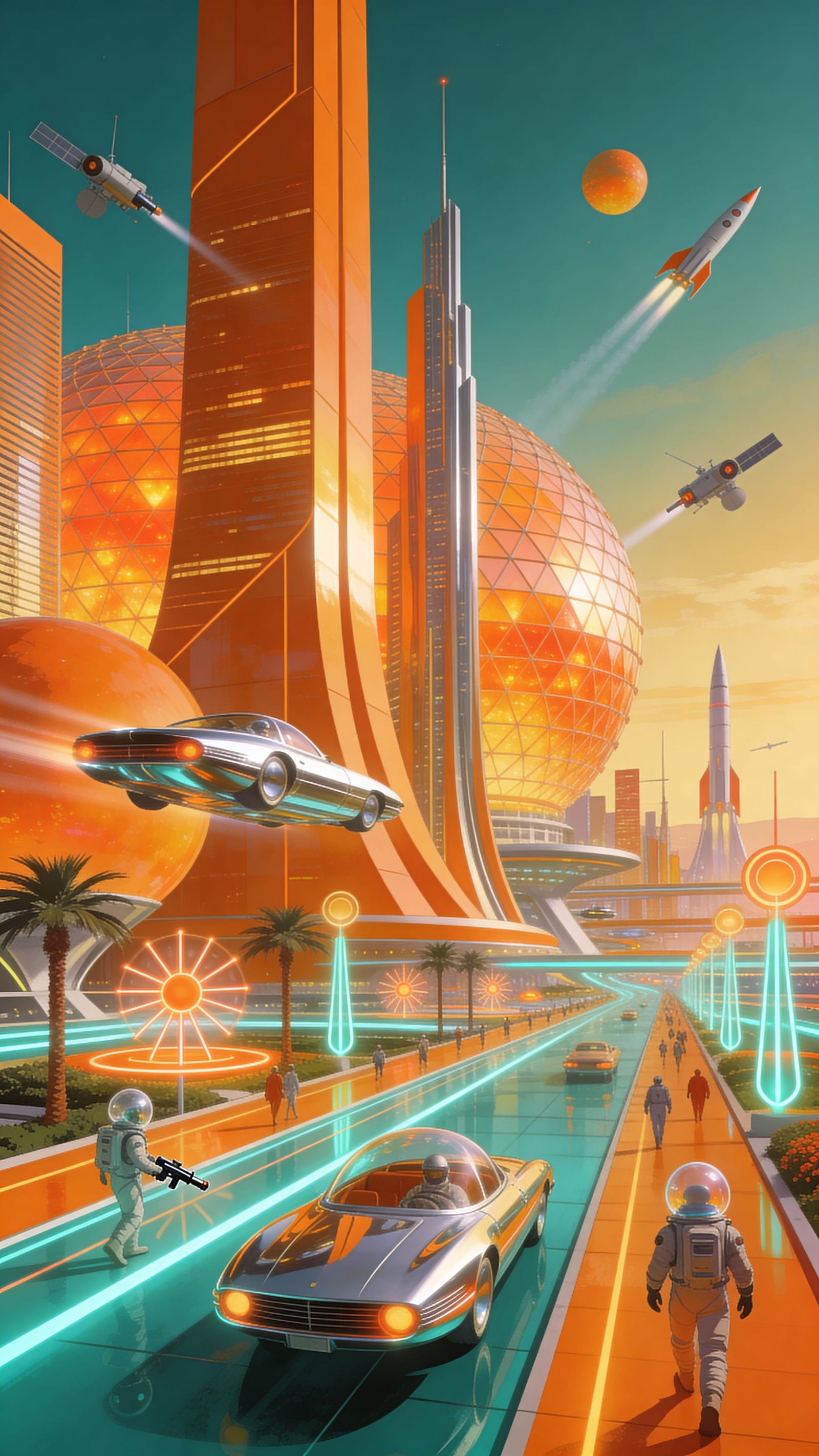 Retro-Futuristic Utopian Cityscape at Golden Hour