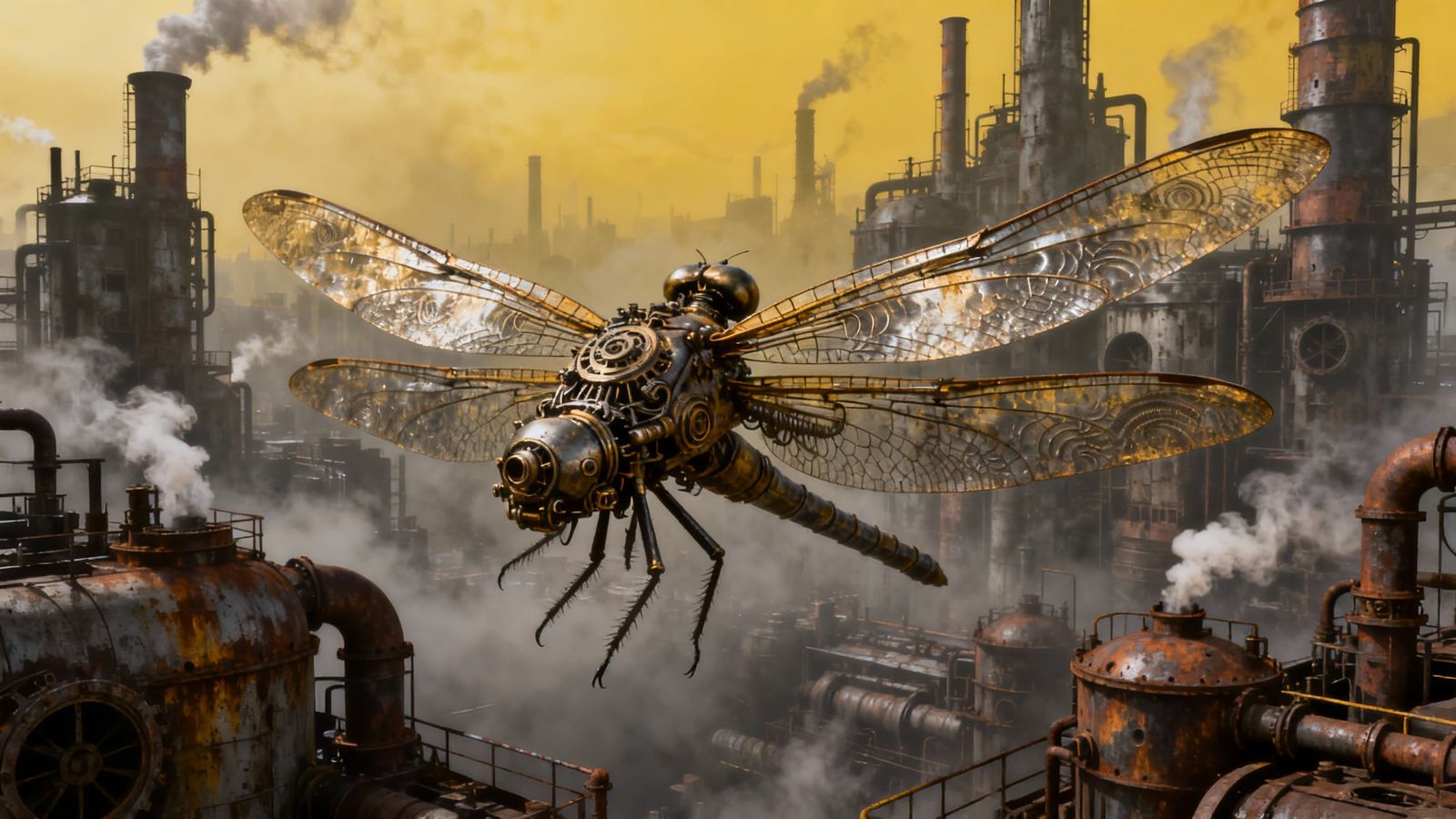 Colossal Mechanical Dragonfly Over Smoggy Industrial City