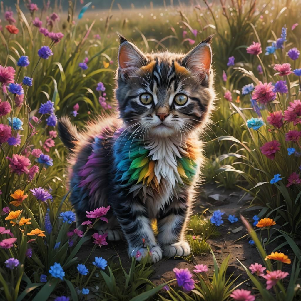 Rainbow Kitten in a Field: Fantasy Art