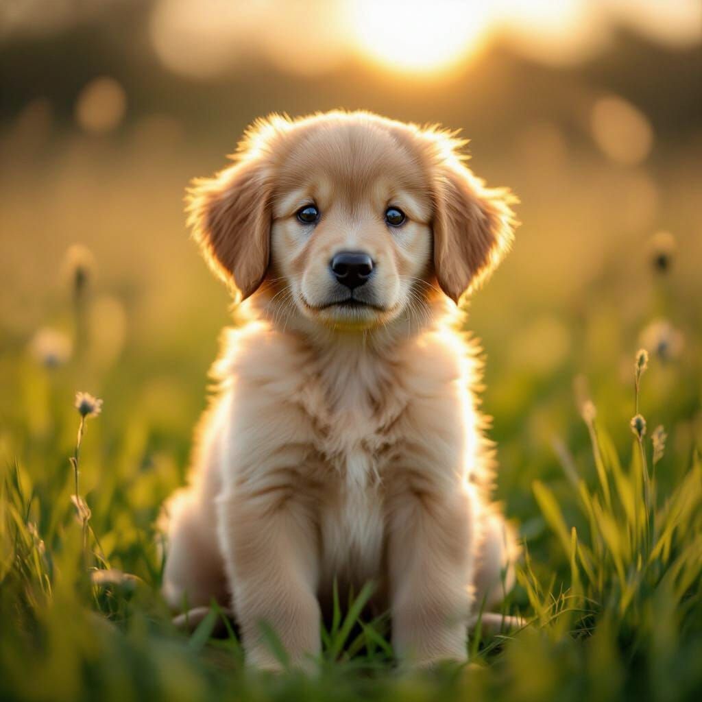 Fluffy Golden Retriever Puppy in Sunlit Meadow
