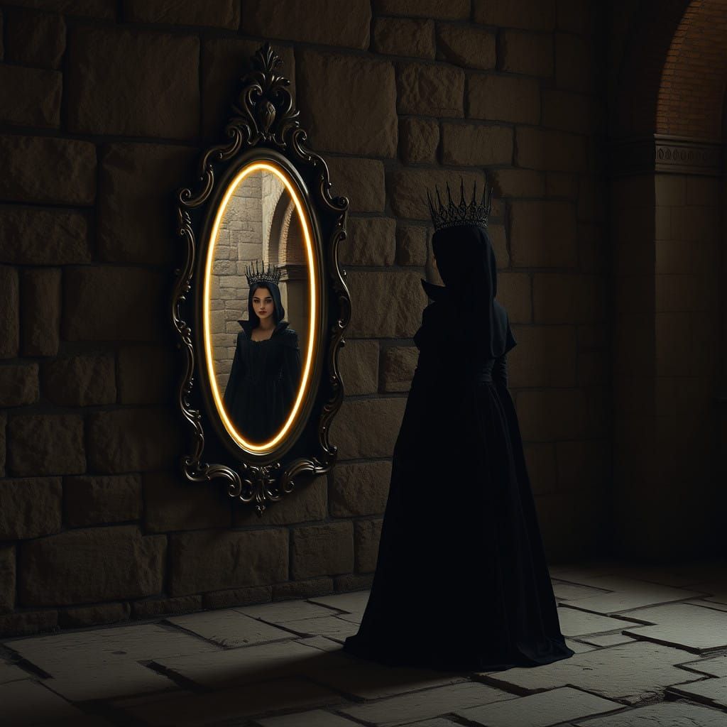 A Dark Queen Contemplates Her Reflection in a Glowing Mediev...